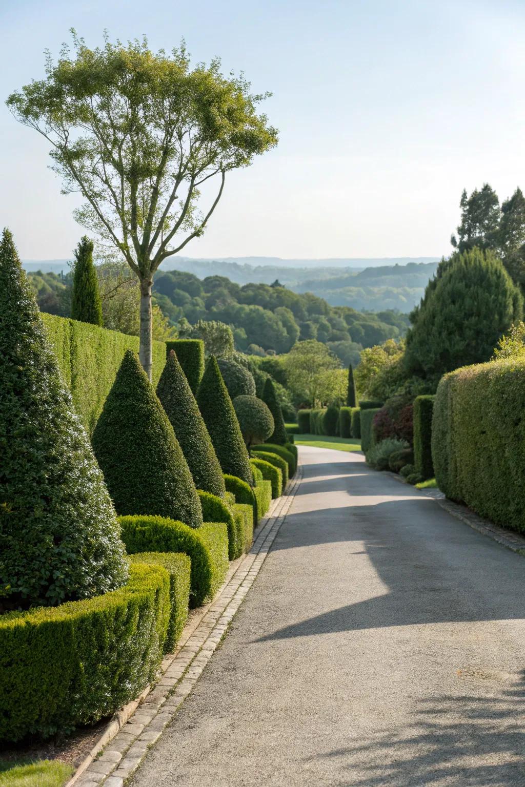 Geometric hedges creating a bold artistic statement beside a driveway.