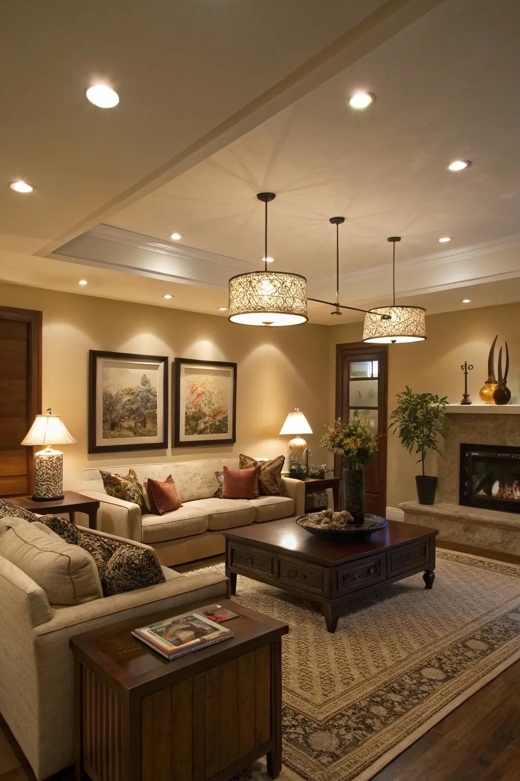 Tiered illumination contributes depth to this family room.