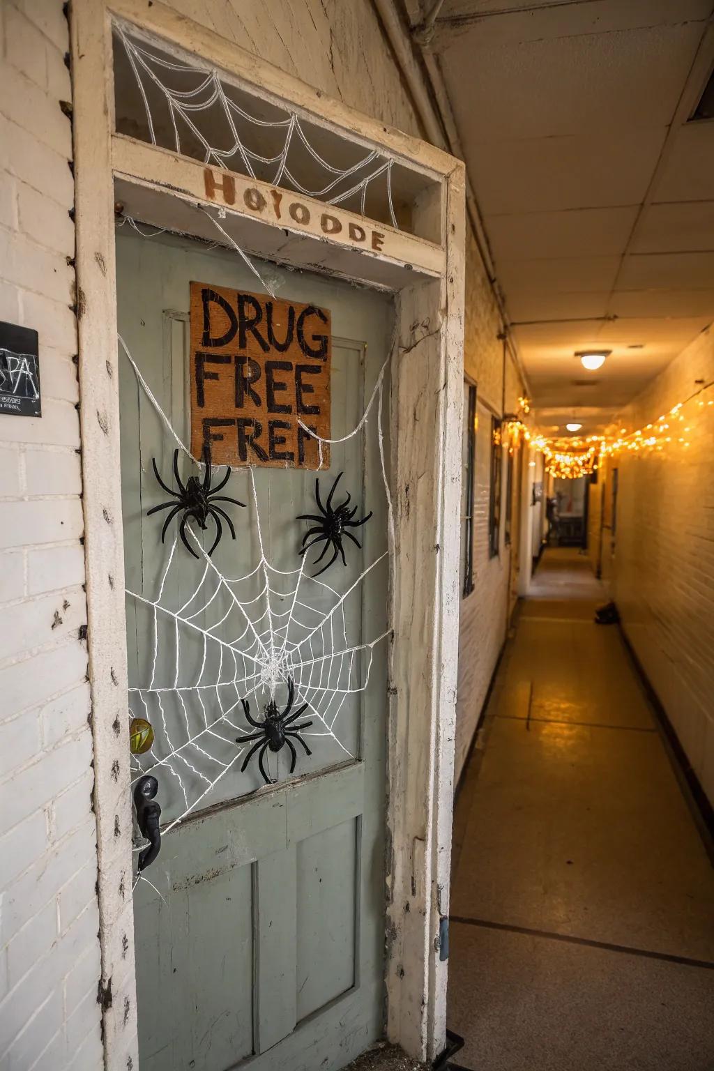 An entryway centered around the spider-web theme with an abstinence message.