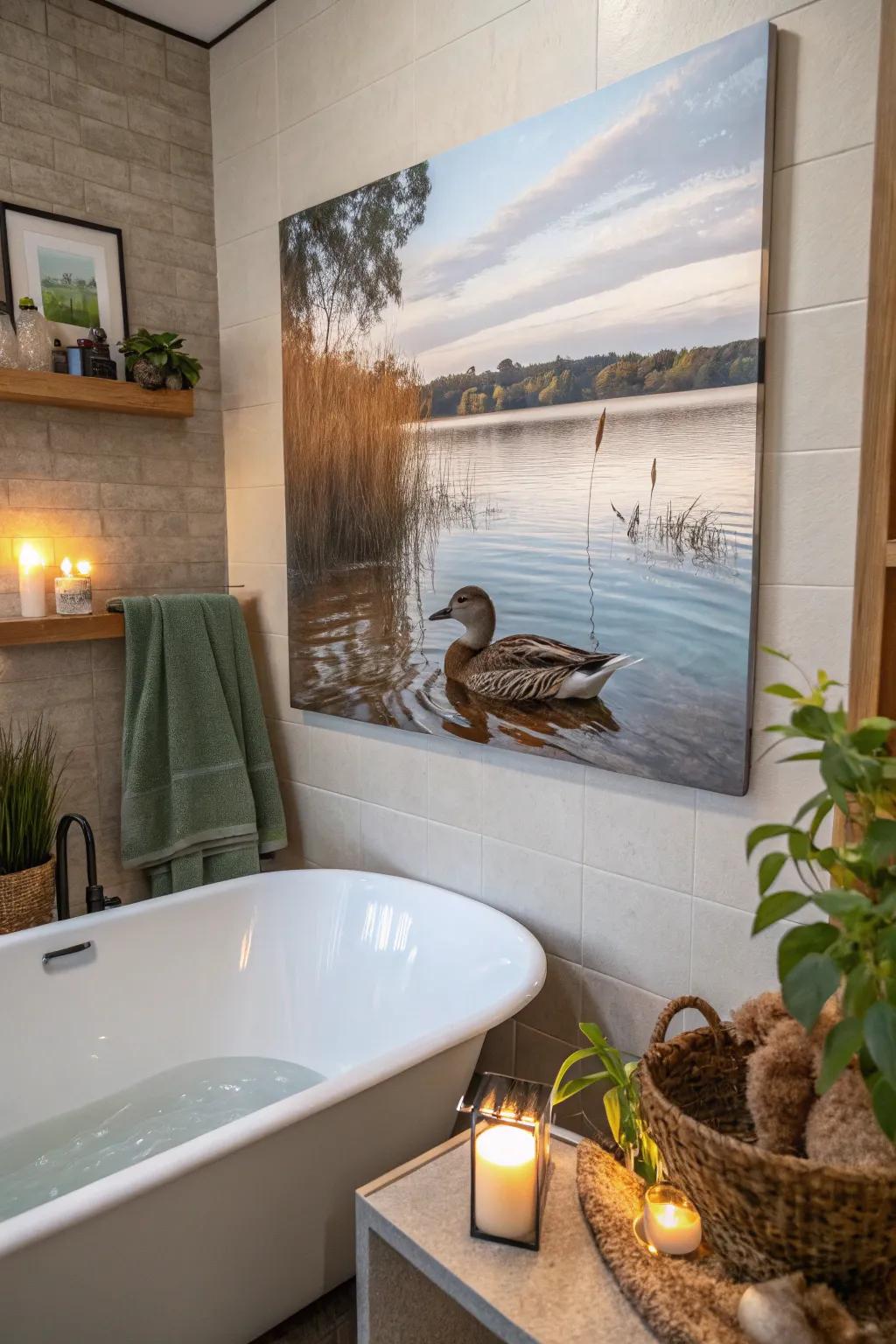 A lakeside waterfowl depiction ushers tranquility into your quarter.
