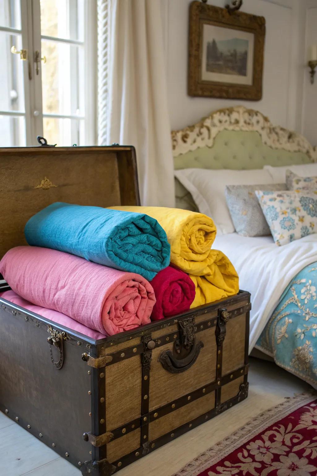 Decorative trunks provide a charming and spacious storage option.