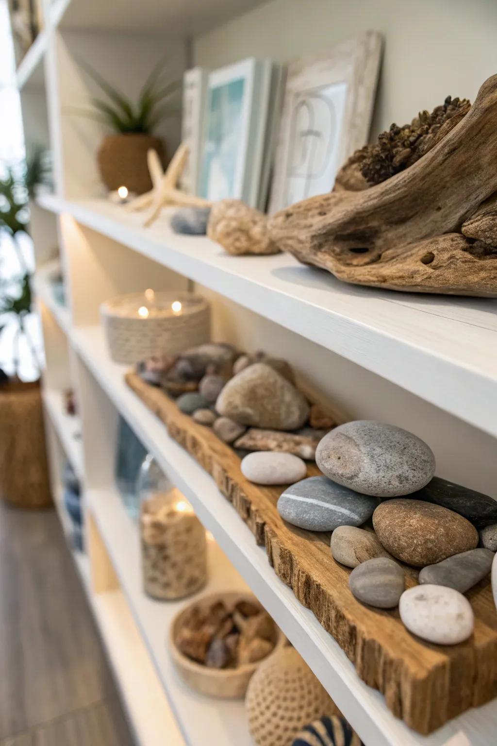 Shelf showcasing natural treasures such as pebbles and driftwood.