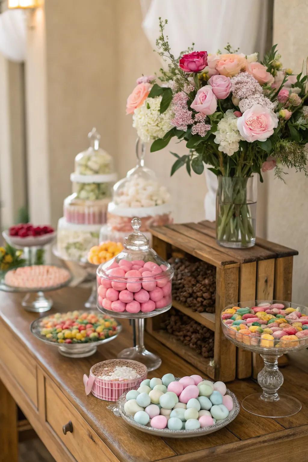Fresh blossoms beautifully complementing the candy display.