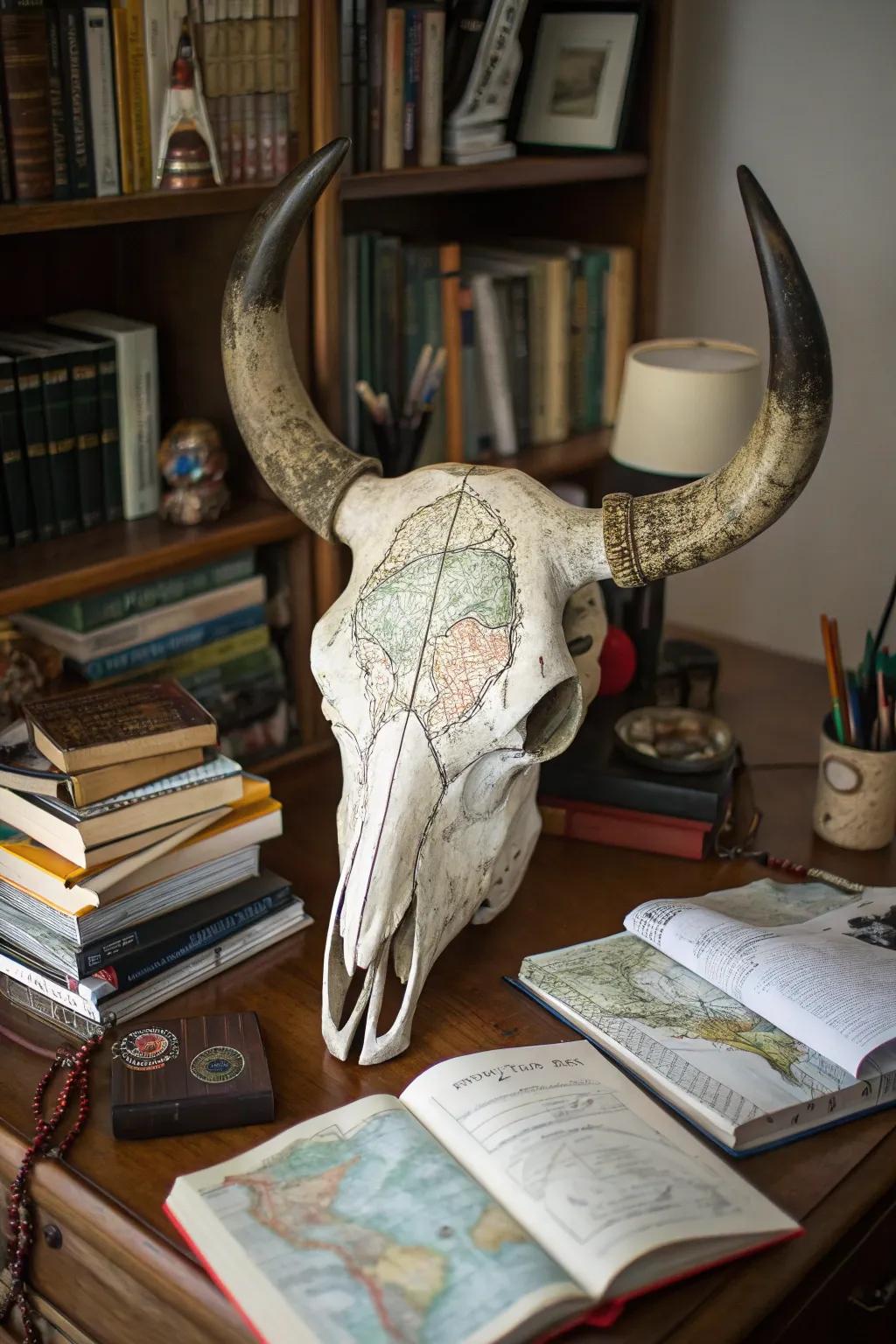 Vintage maps add an adventurous touch to bovine skull art.