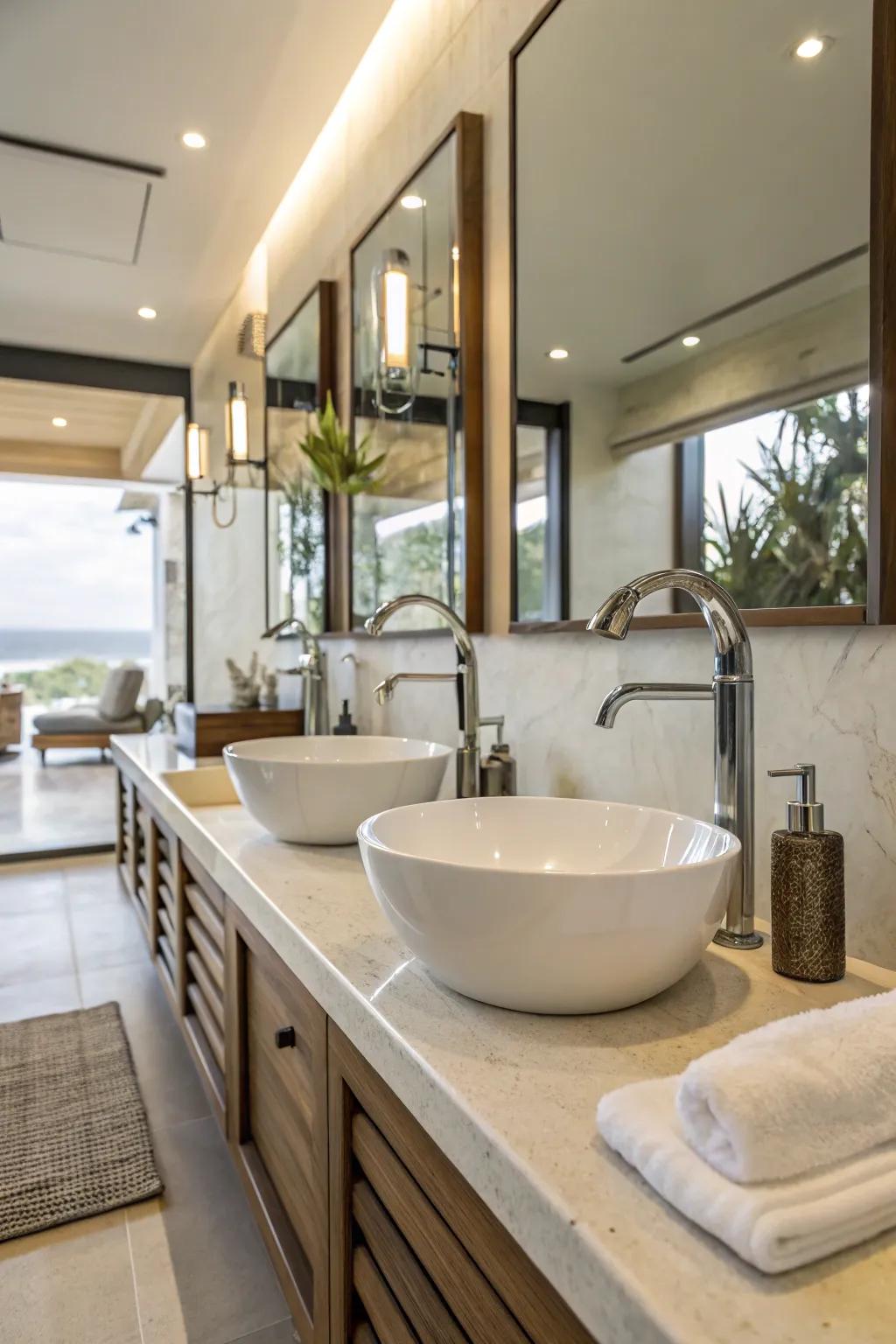 A contemporary bathroom equipped with streamlined, water-efficient fixtures.