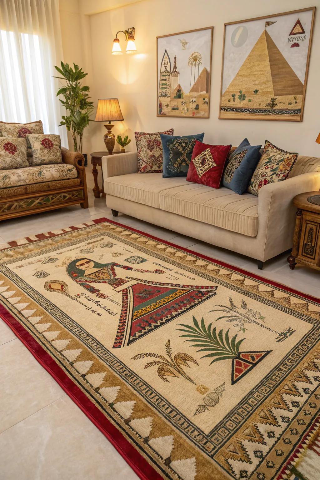 Mats with Egyptian patterns add depth below your feet.
