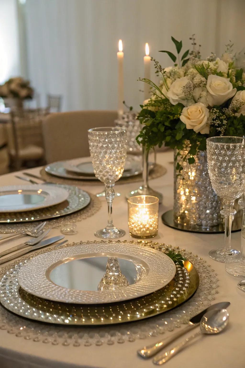 Mirrored elements reflect light and amplify sparkle