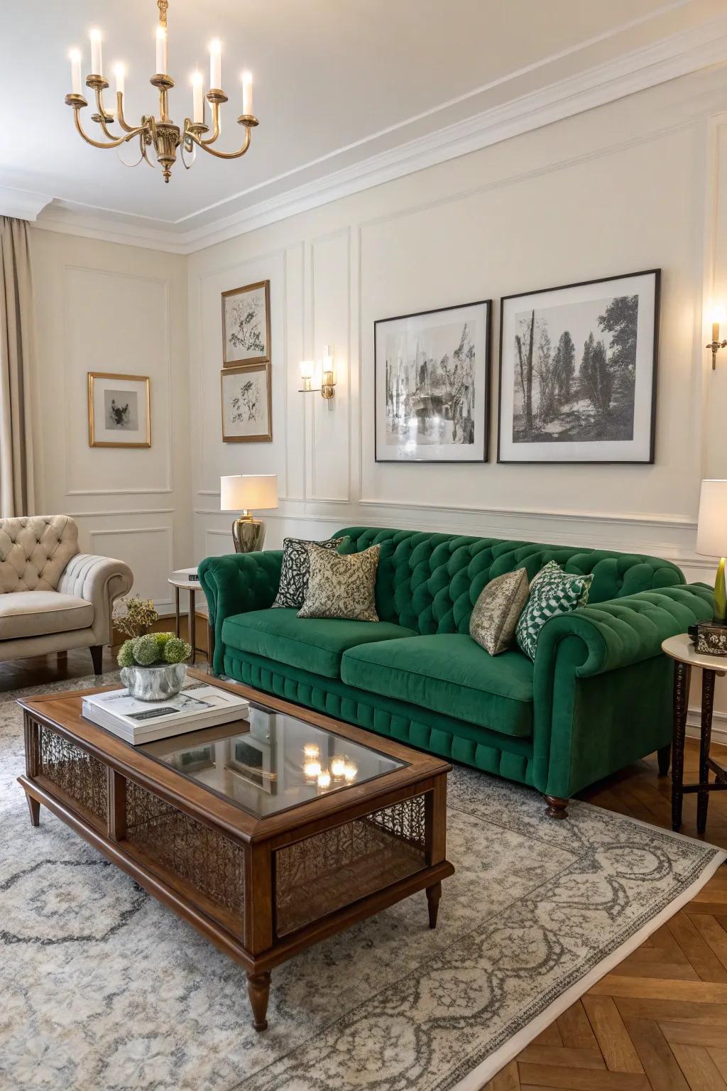 A blend of modern and heritage styles with an emerald sofa.