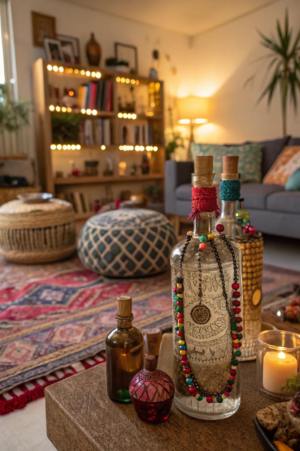 Incorporate a bohemian element with charming container adornments.