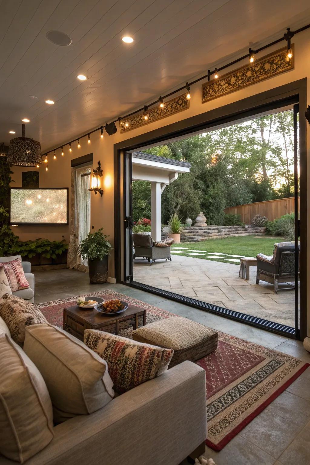 Unite indoor and outdoor spaces for an entertainment zone that feels both vast and welcoming.