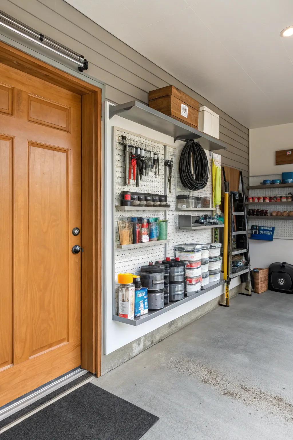 Shelves use wall space for storage.