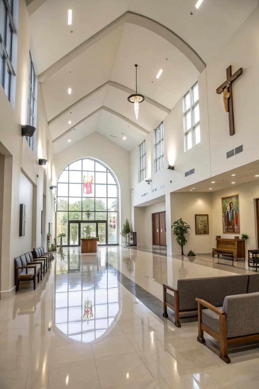 A modern and clean design in the church foyer maintains tradition while feeling fresh.