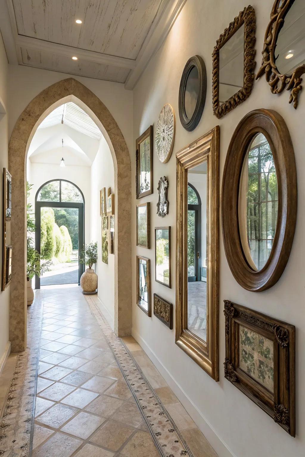 A mirror gallery wall establishes an artistic and reflective central point in the entryway.