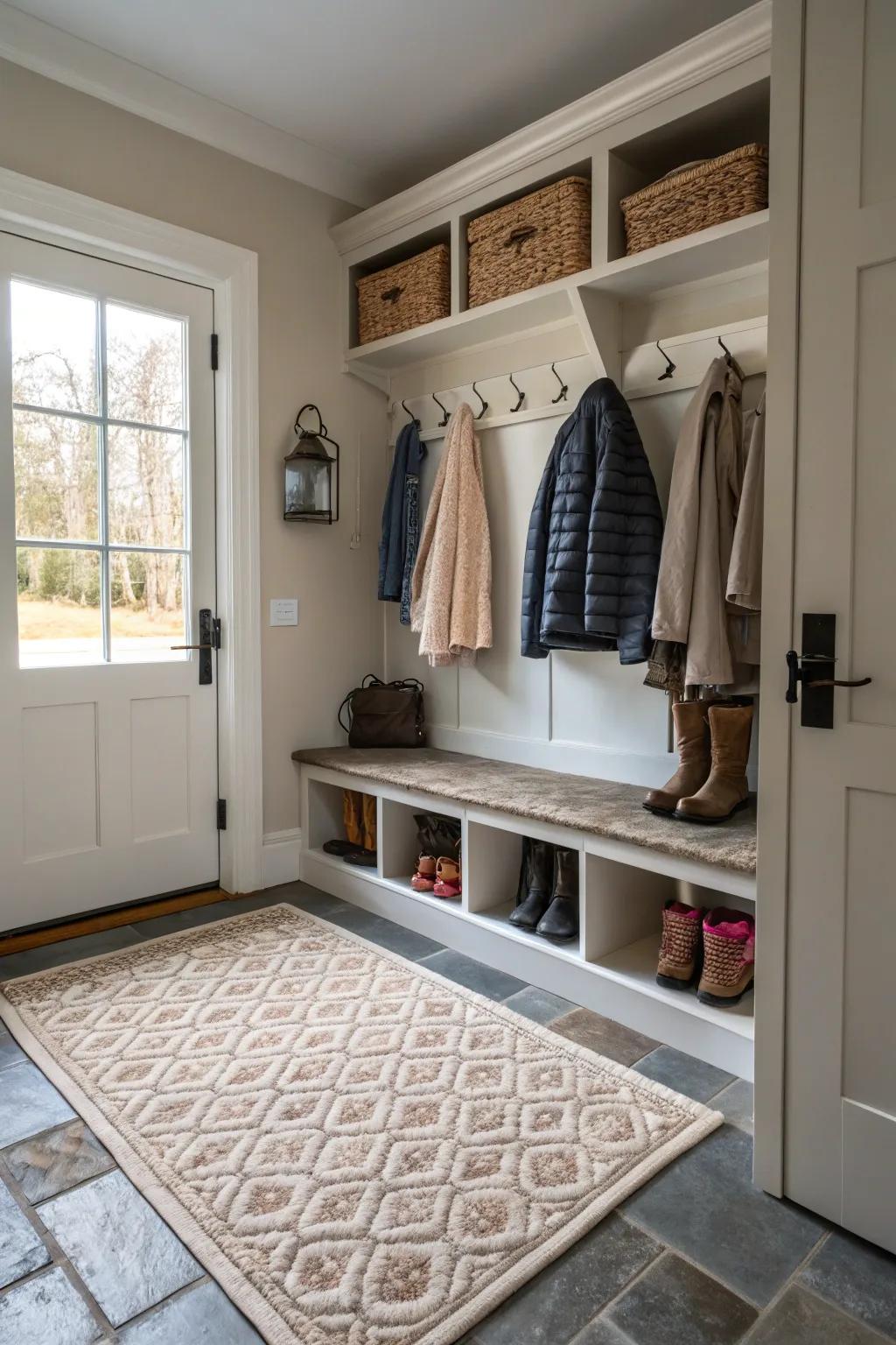 A cozy floor covering enhances both warmth and style within this mudroom.