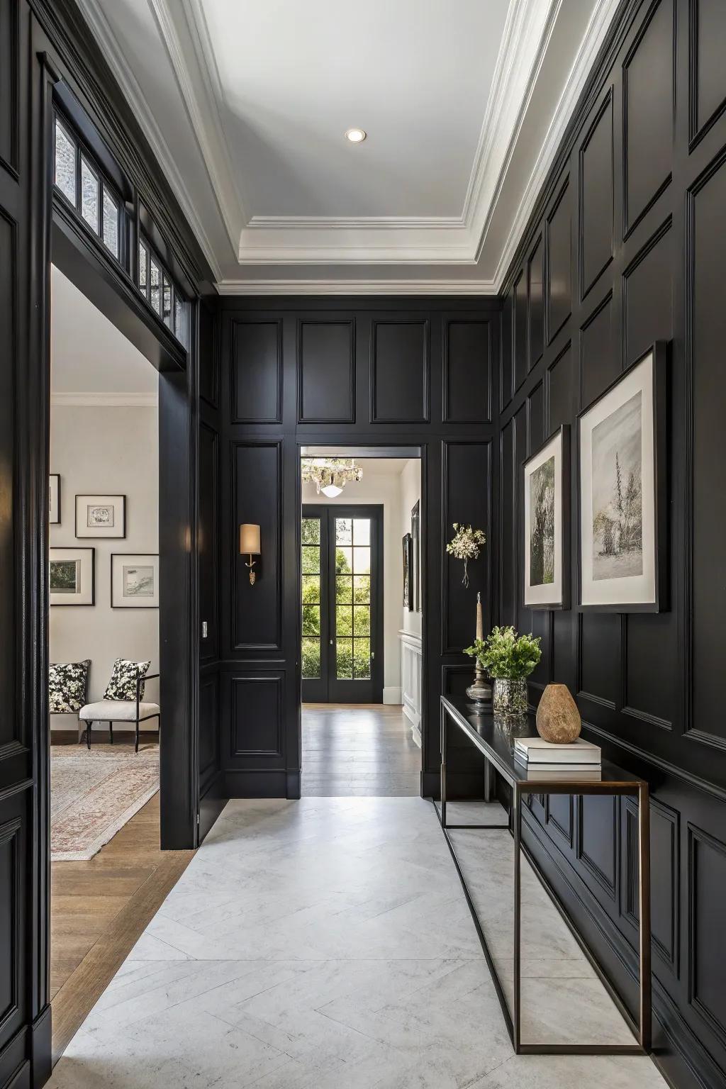 Dark paneling adds drama and sophistication to the entryway.