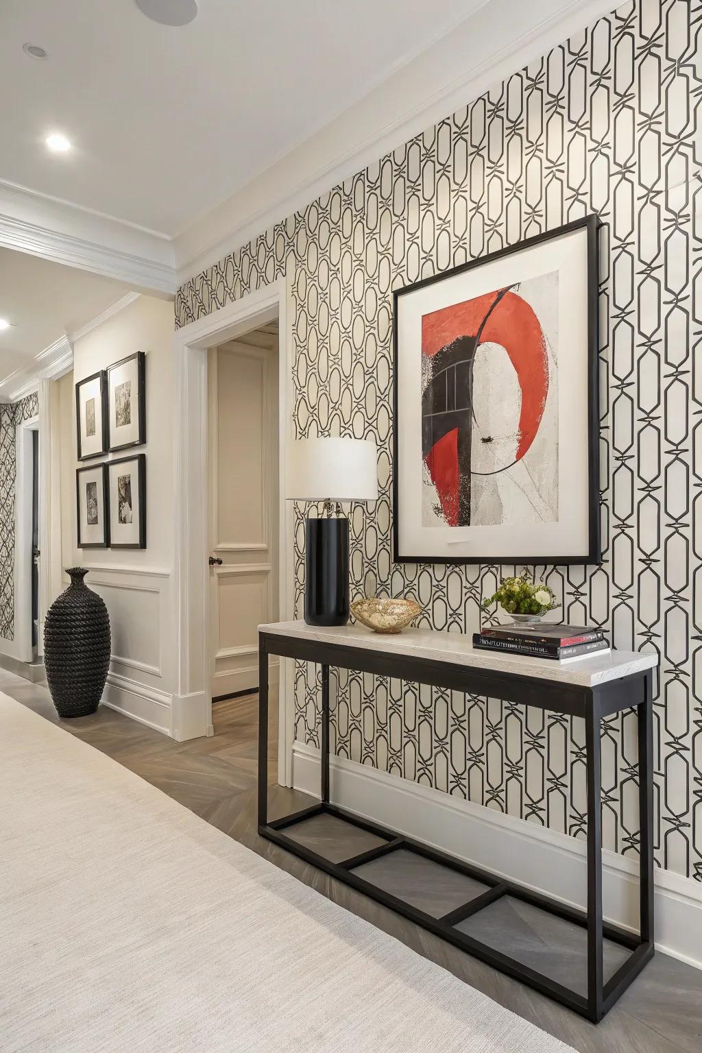 A sleek entryway showcases minimalist monochrome wallpaper, presenting a modern aesthetic.