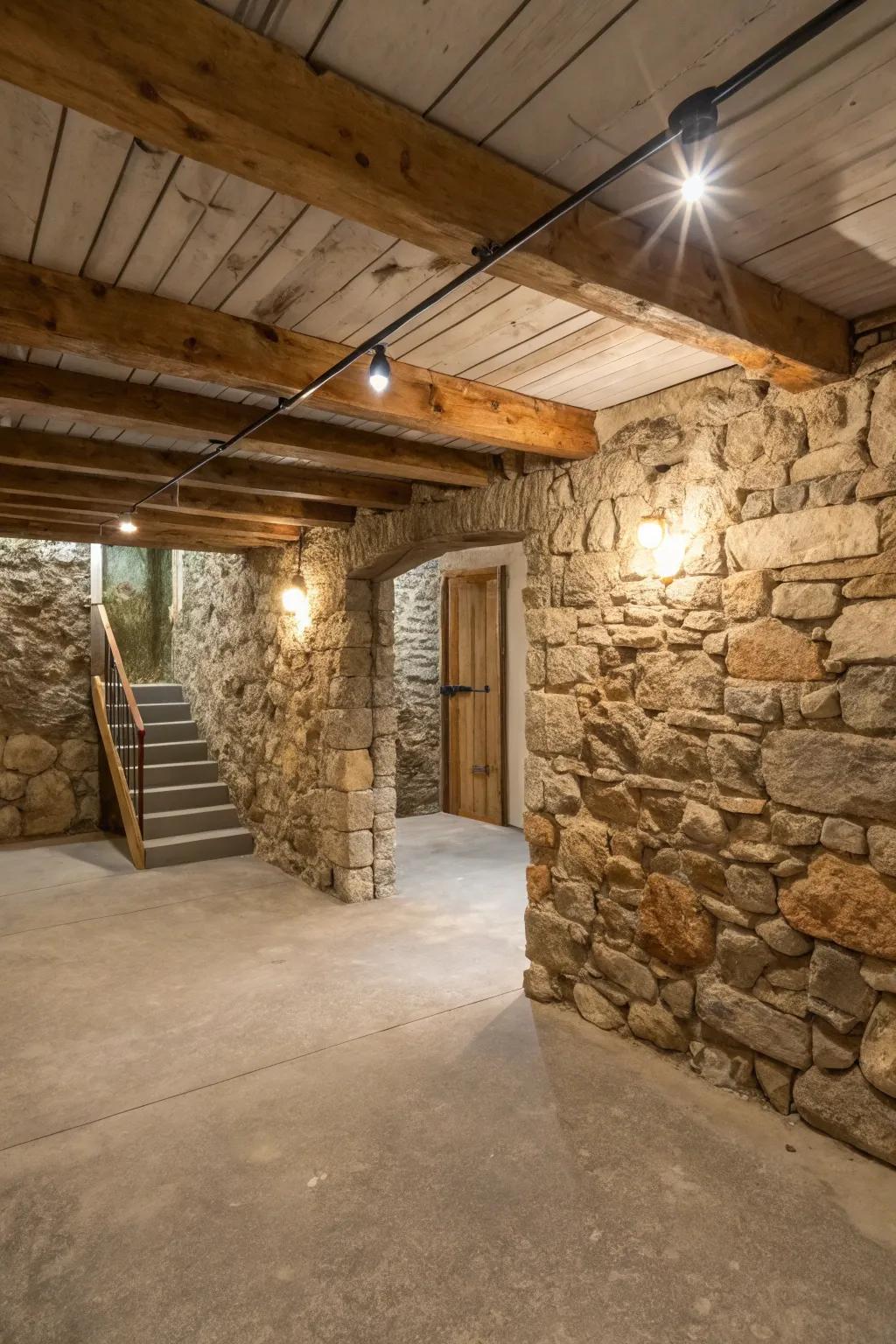 Raw stone features bring an organic and timeless touch to your basement.