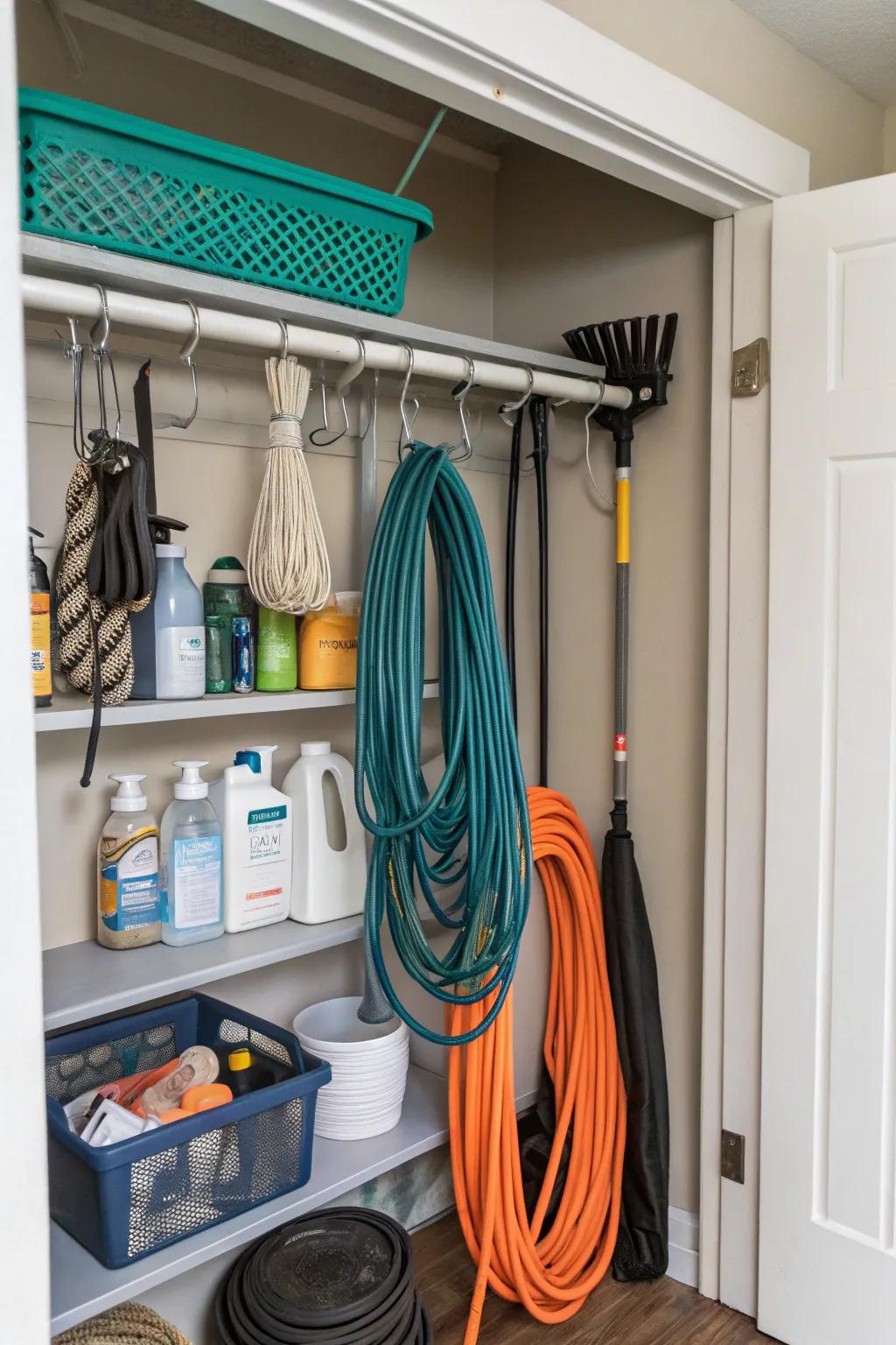 A tension rod is an efficient space-saver for cord storage.