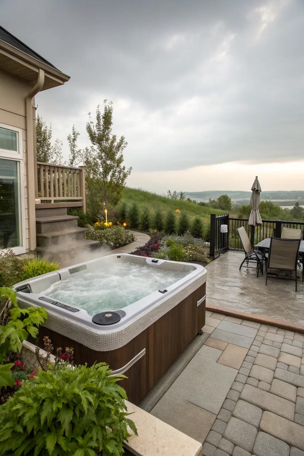 A lavish hot tub offers relaxation just outside a walkout basement.