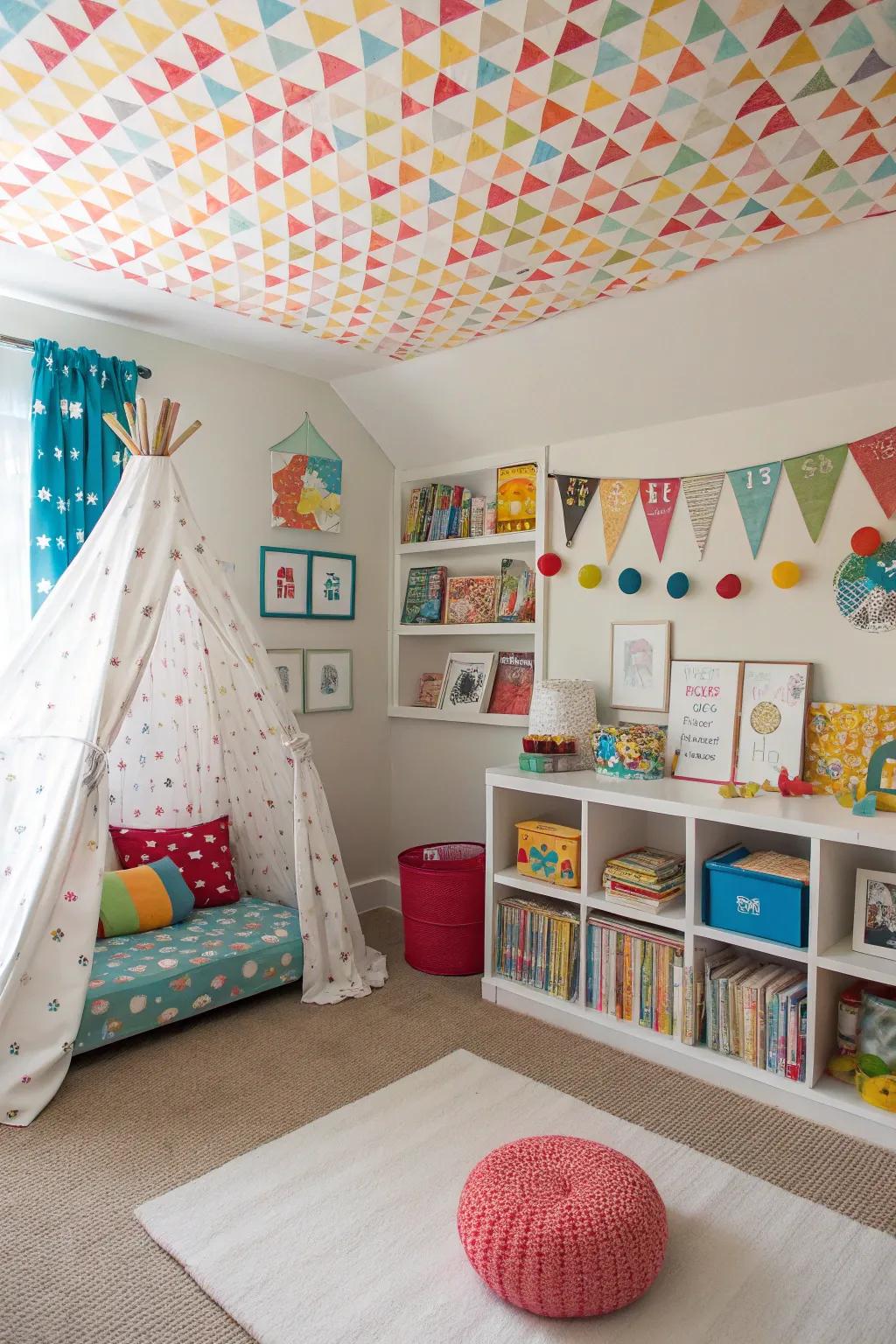 Spark creativity with a playful patterned ceiling.