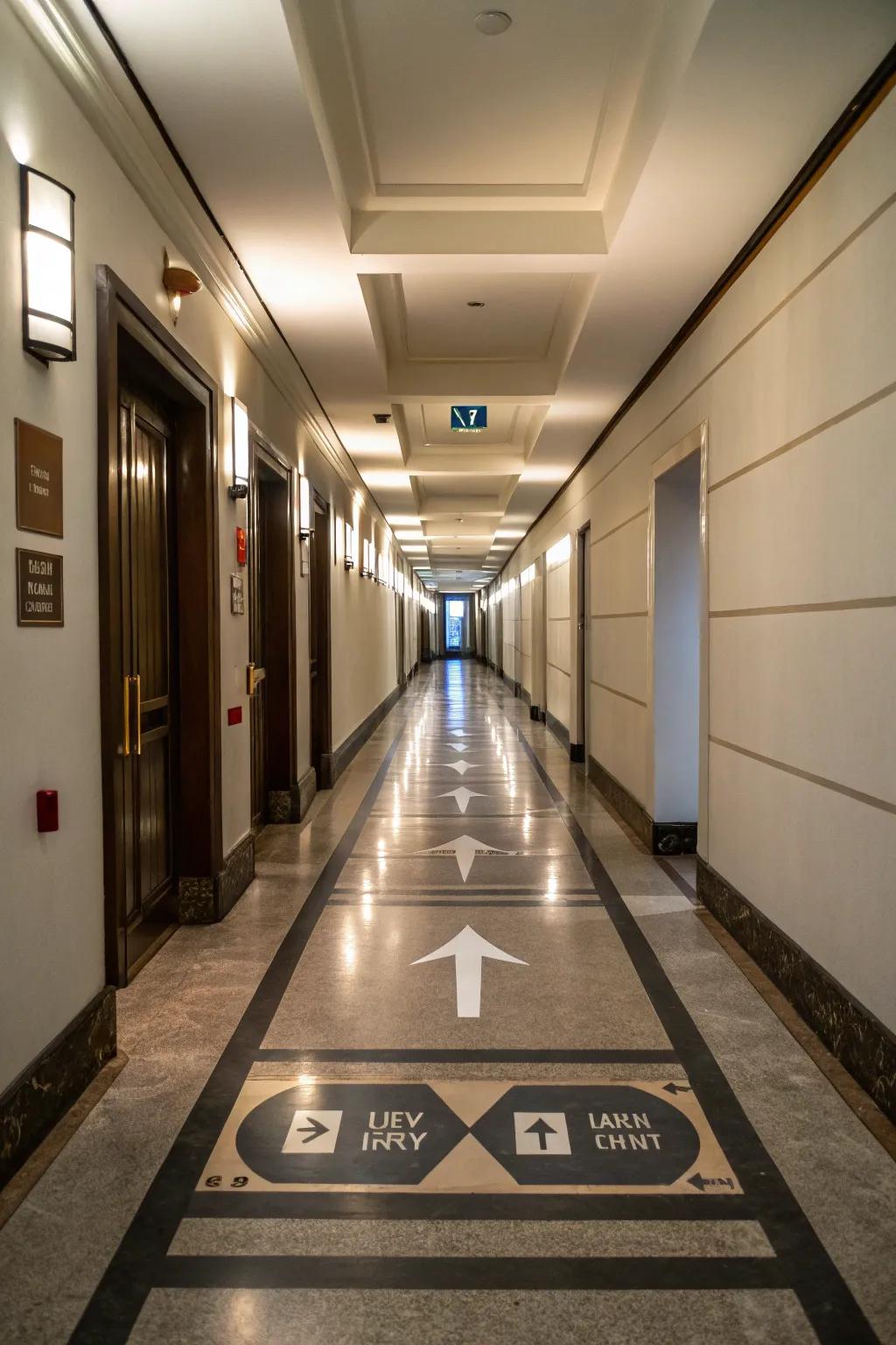 An eccentric hallway decorated with trail floor signs.