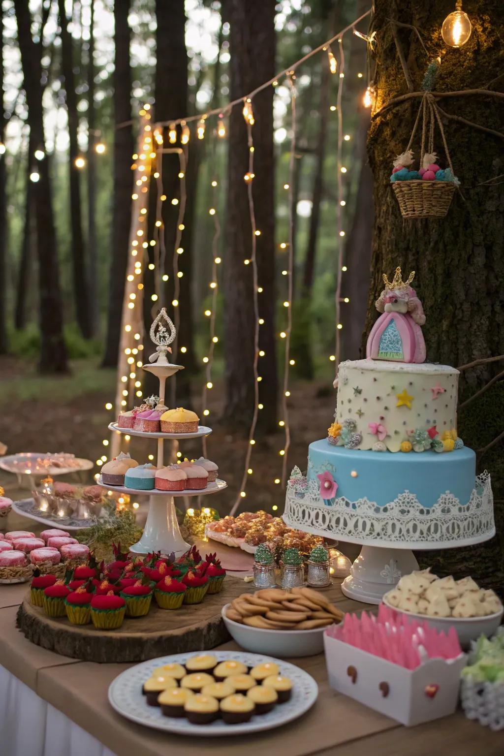 A delightful dessert display with fairy tale-themed goodies.