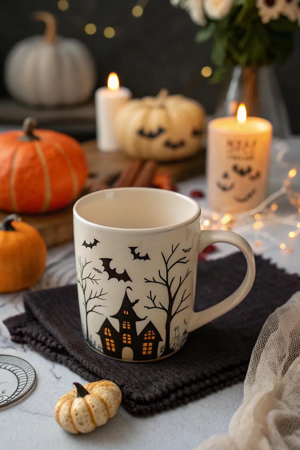 A stylish cup with a subtle spooky design.
