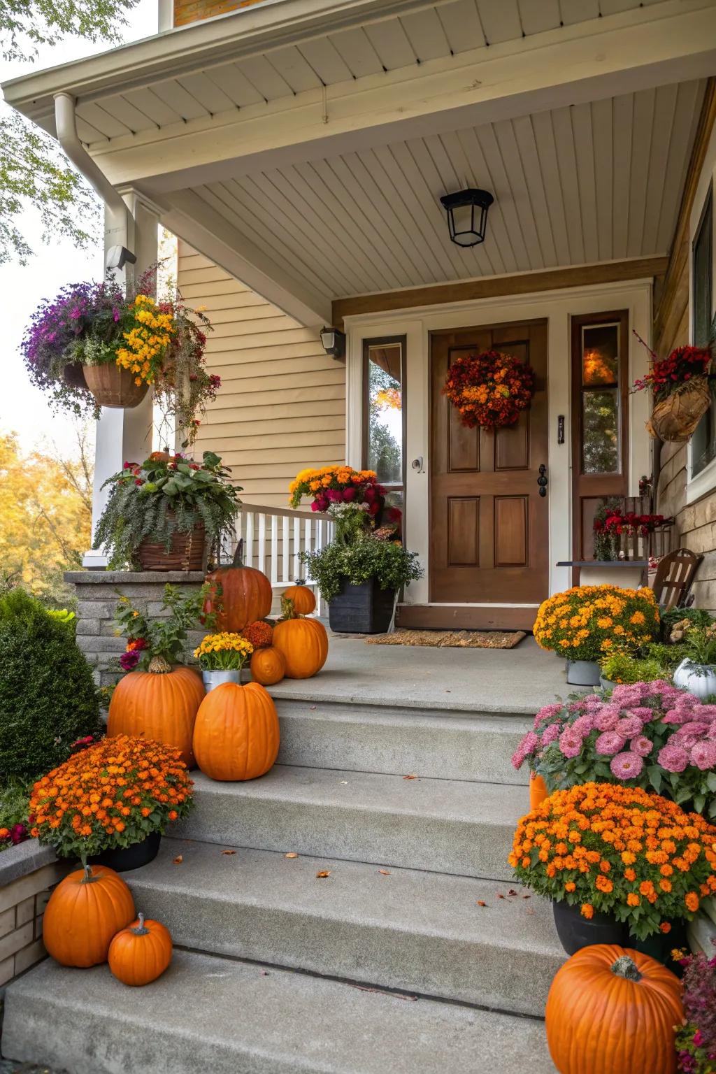 A harmonious blend of gourds and blossoms creates a stunning fall display.