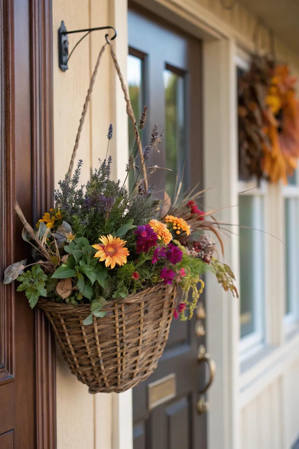 A basket of blooms offers a fresh, colorful alternative to the traditional wreath.