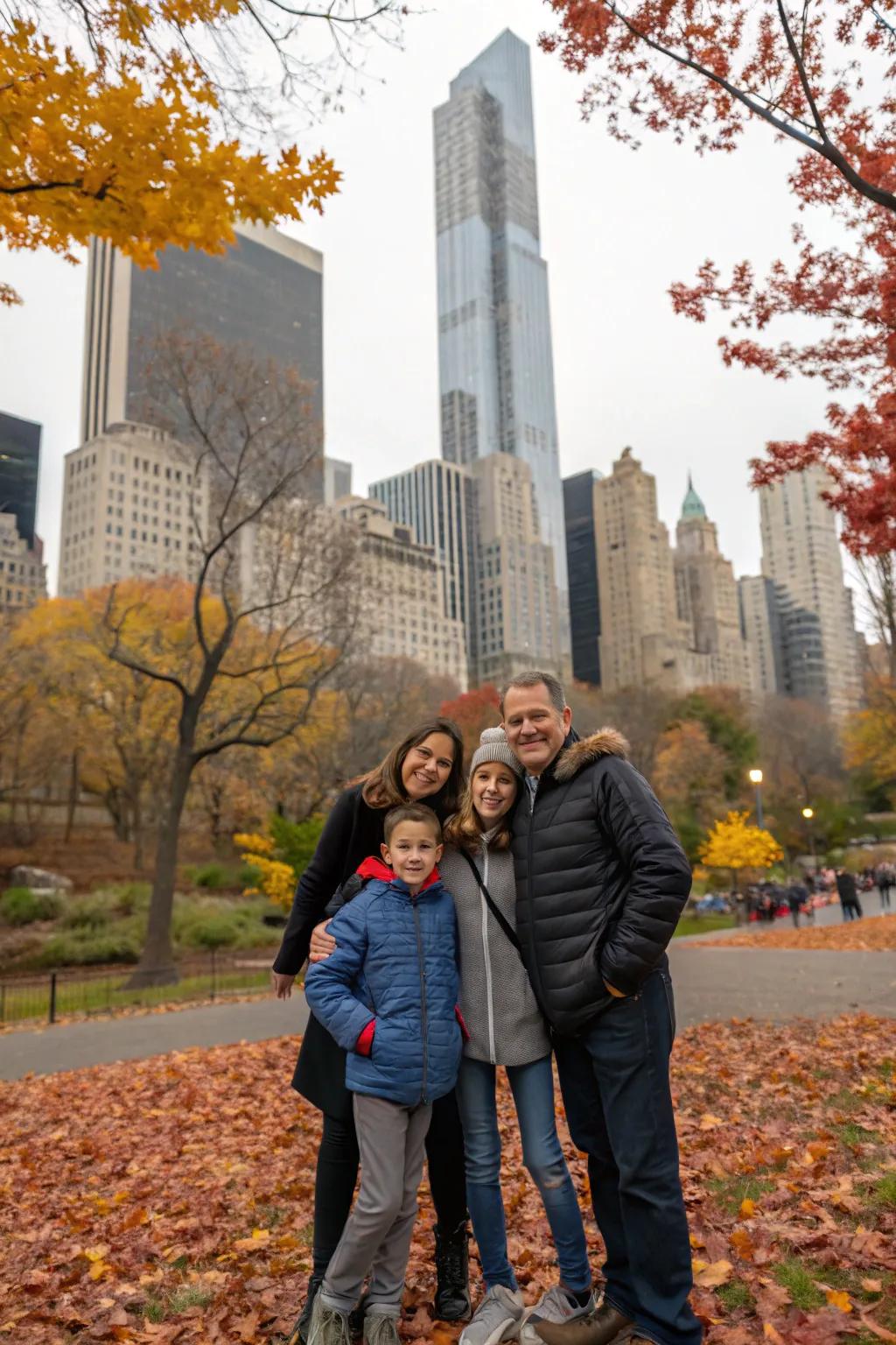 An urban park presents a vibrant combination of city and nature, perfect for fall family photos.