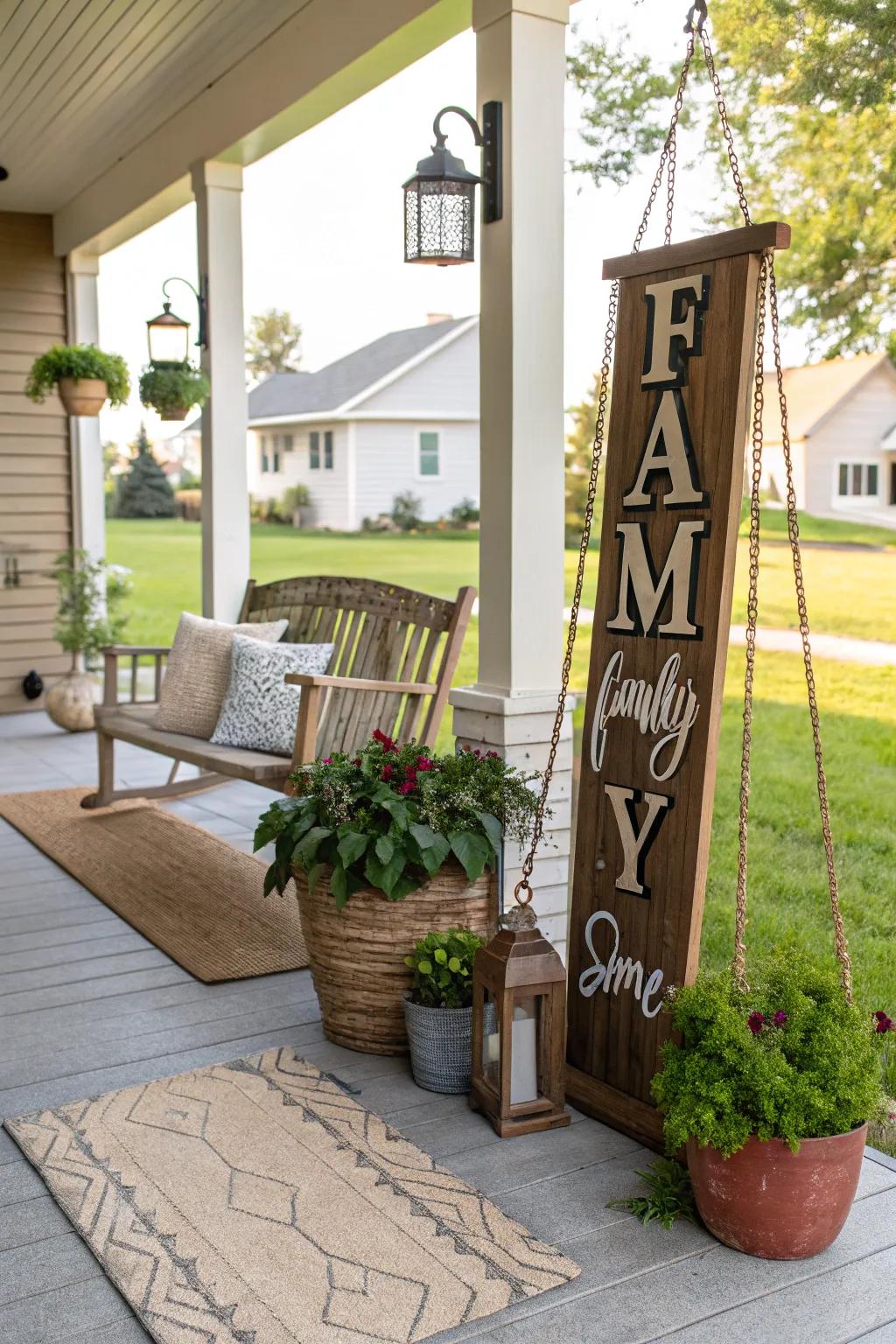 An exterior lineage name marker infusing allure to a front portico.