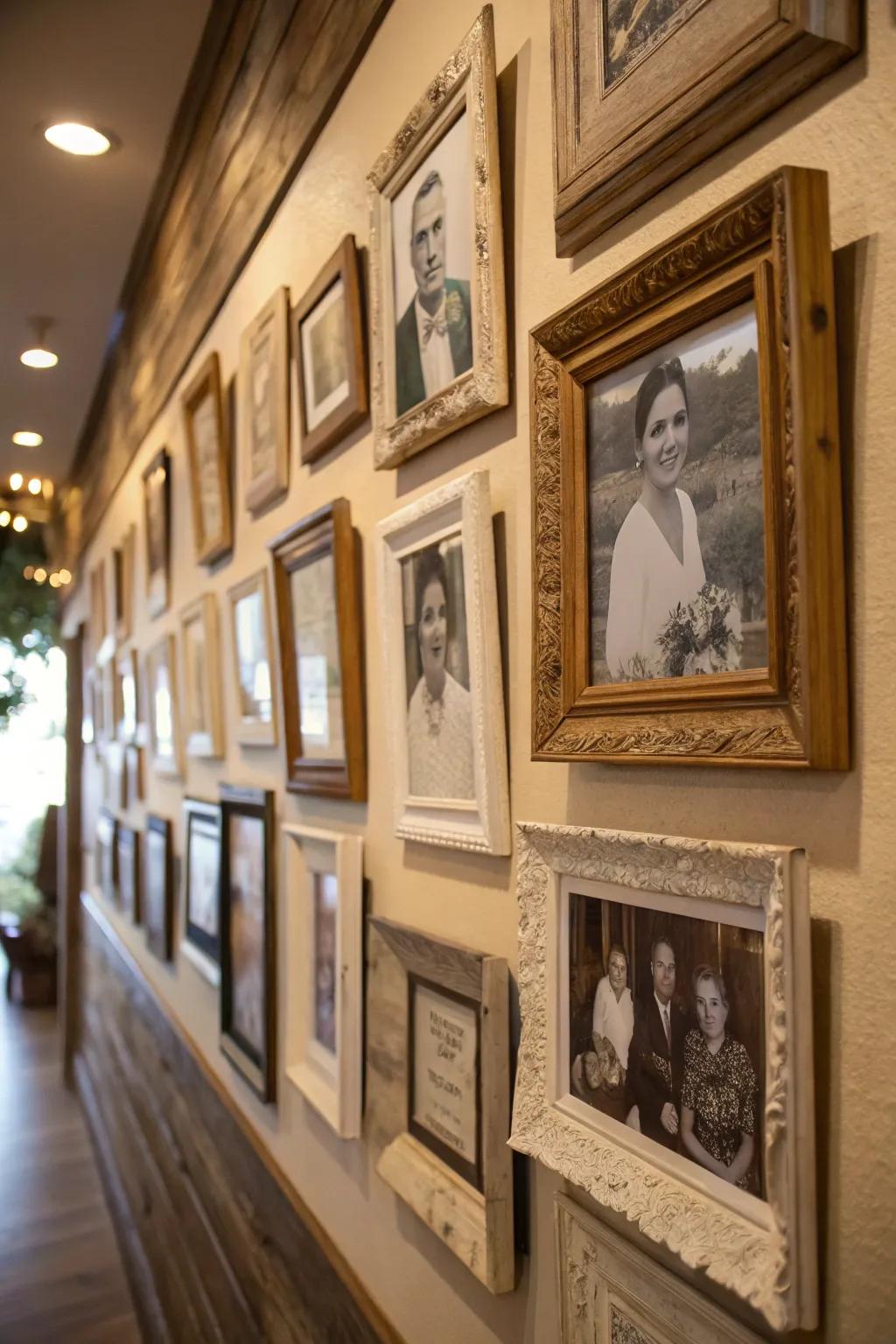 Vintage frames adding nostalgia to a photo wall.