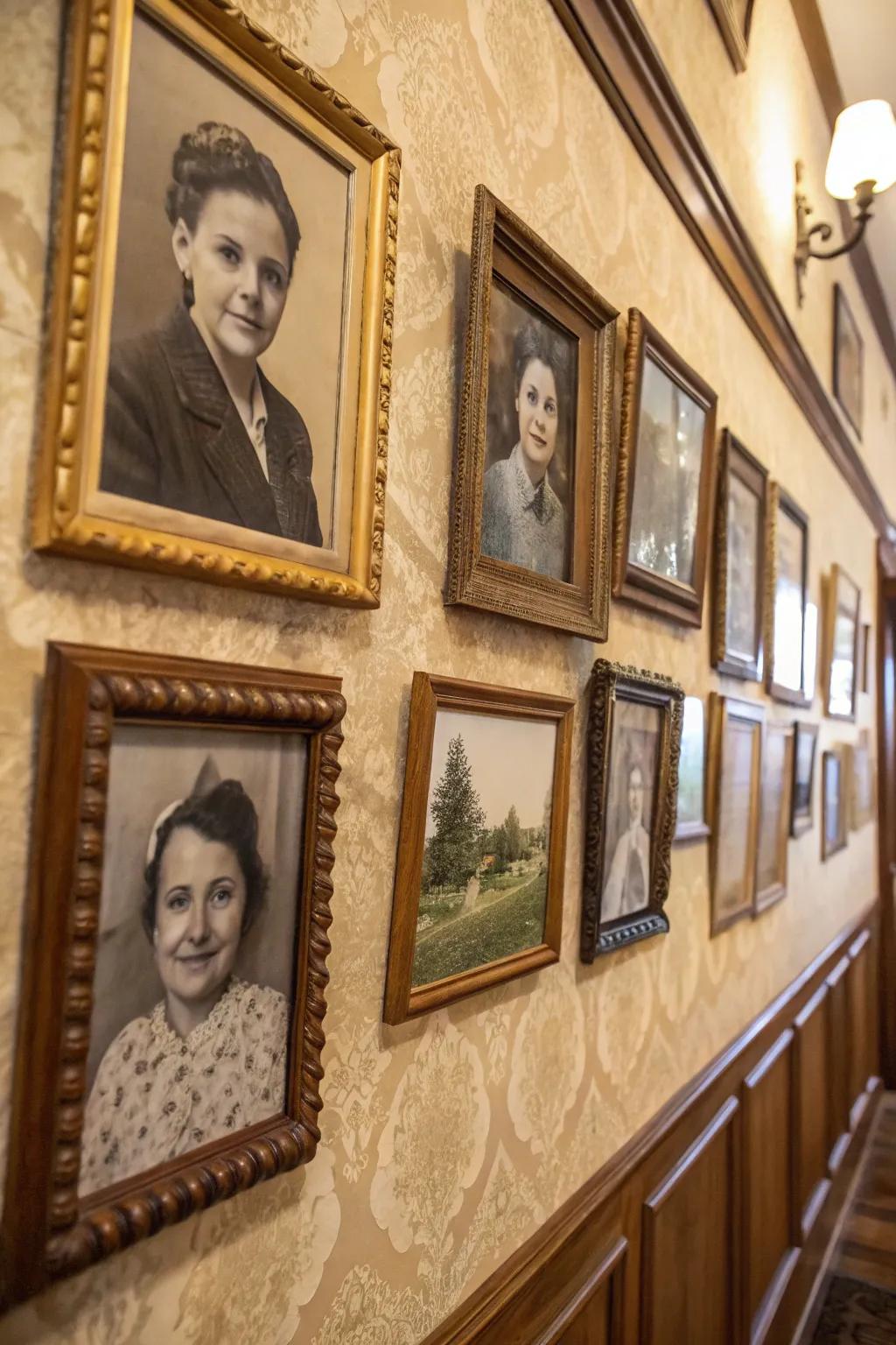 A vintage family wall showcasing antique frames that add grace and reminiscence.