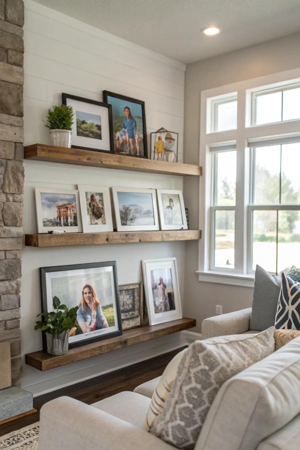 Photo shelves offer flexible family displays.