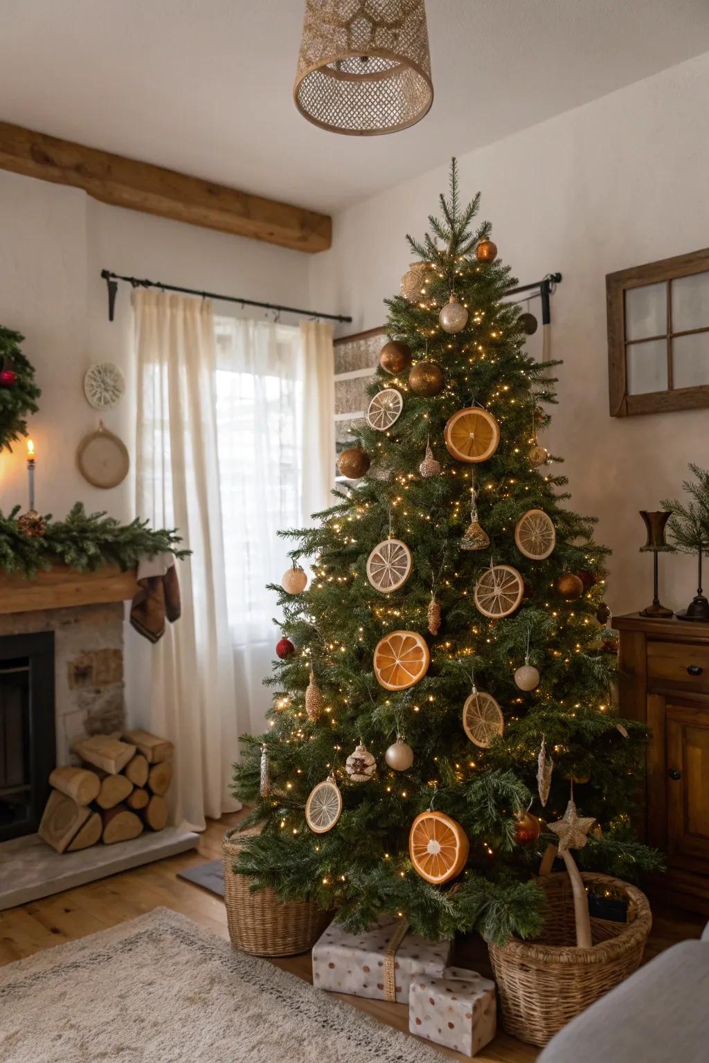 Dried citrus decorations add a natural and scented touch to this tree.