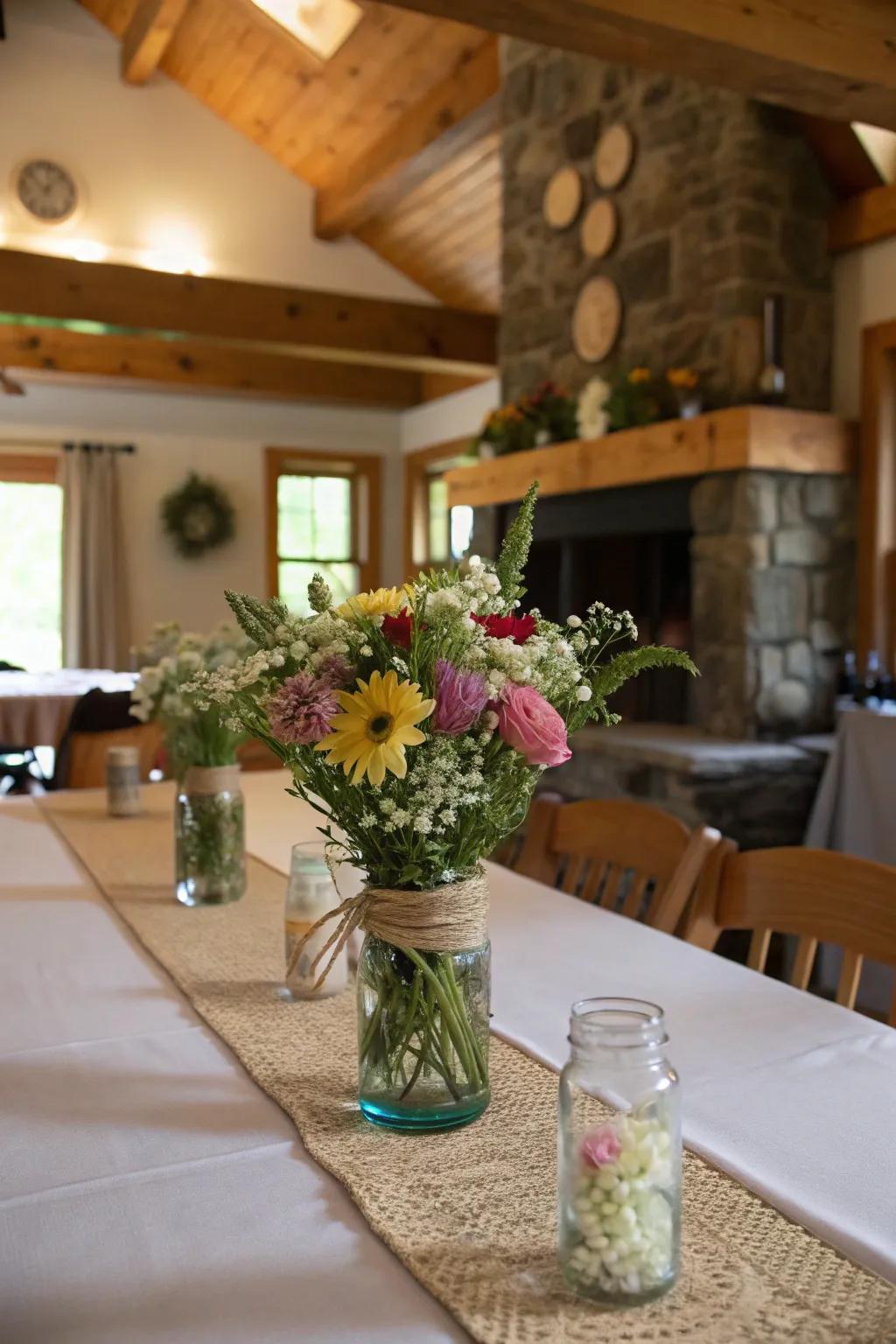 Countryside centerpieces add a personal and natural touch to this farmhouse dining table.