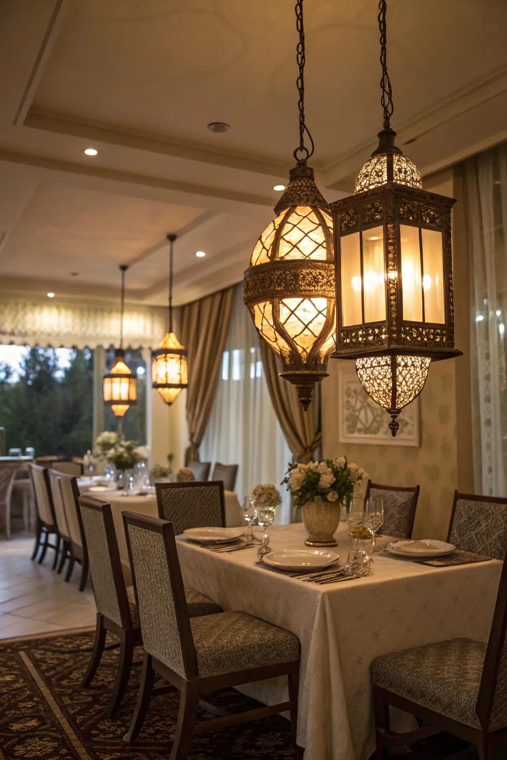 Beacon-style lights amplify the inviting feel of your farmhouse dining room.