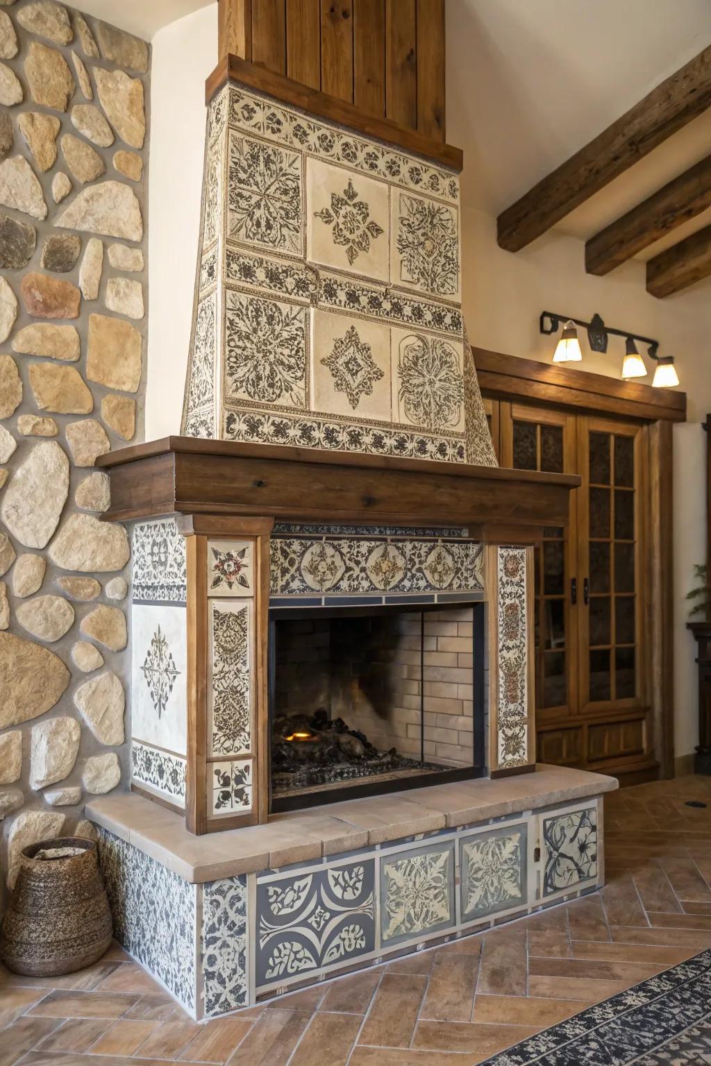 Opposing joint filler adding contrast to a farmhouse fireplace.