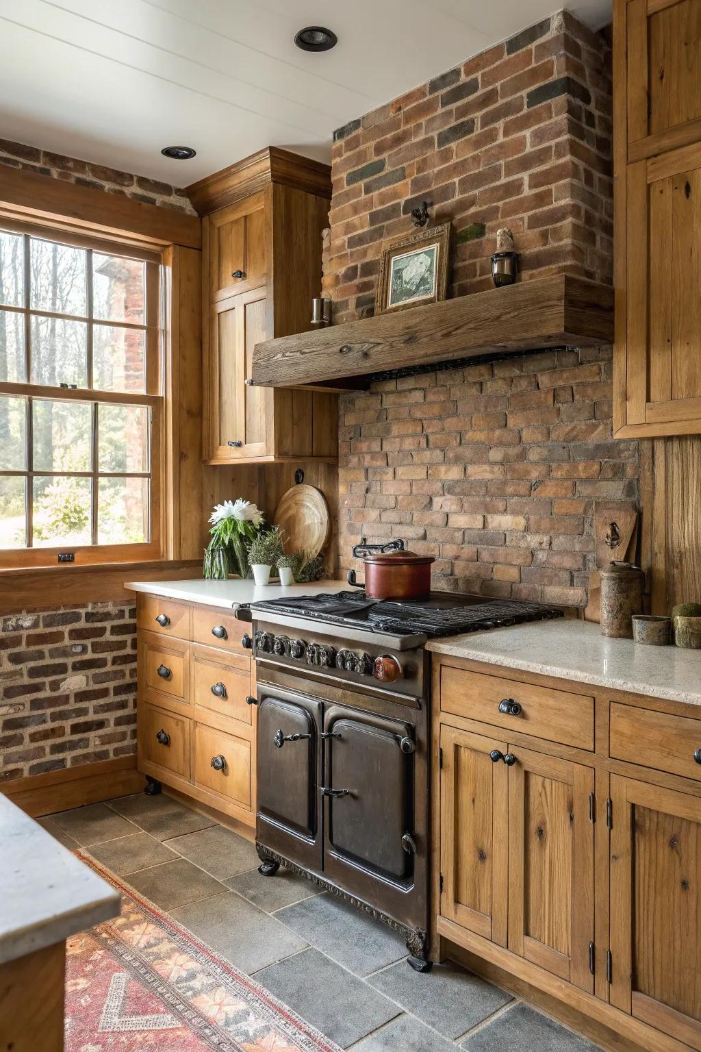 A farmhouse kitchen exhibiting a wood and brick blend.