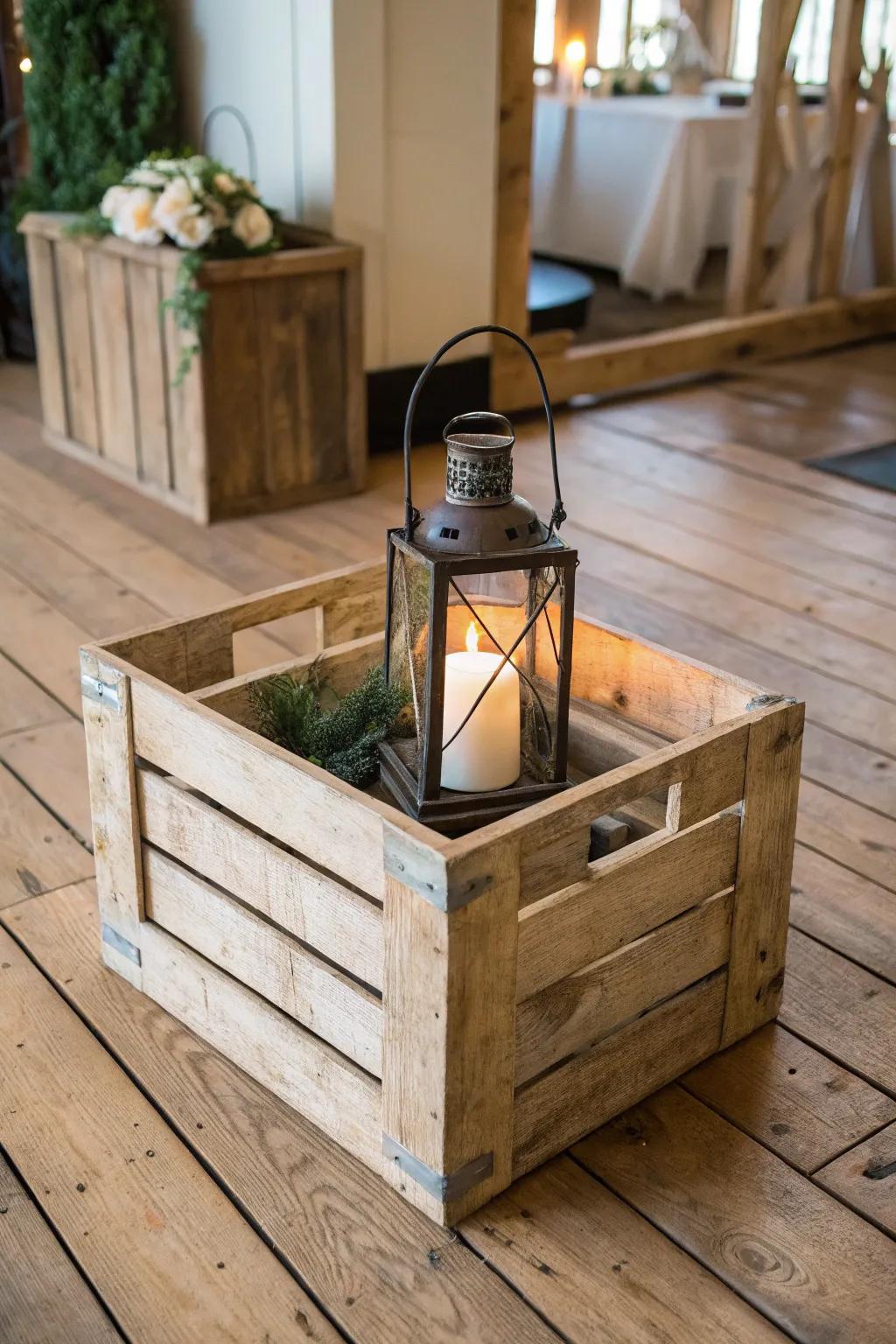 A timber receptacle contributes composition to lantern presentations.