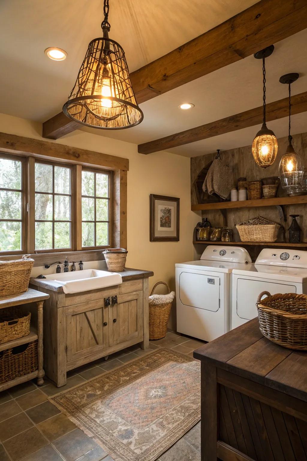 Pendant illumination contributes an industrial touch while lighting this farmhouse laundry area.