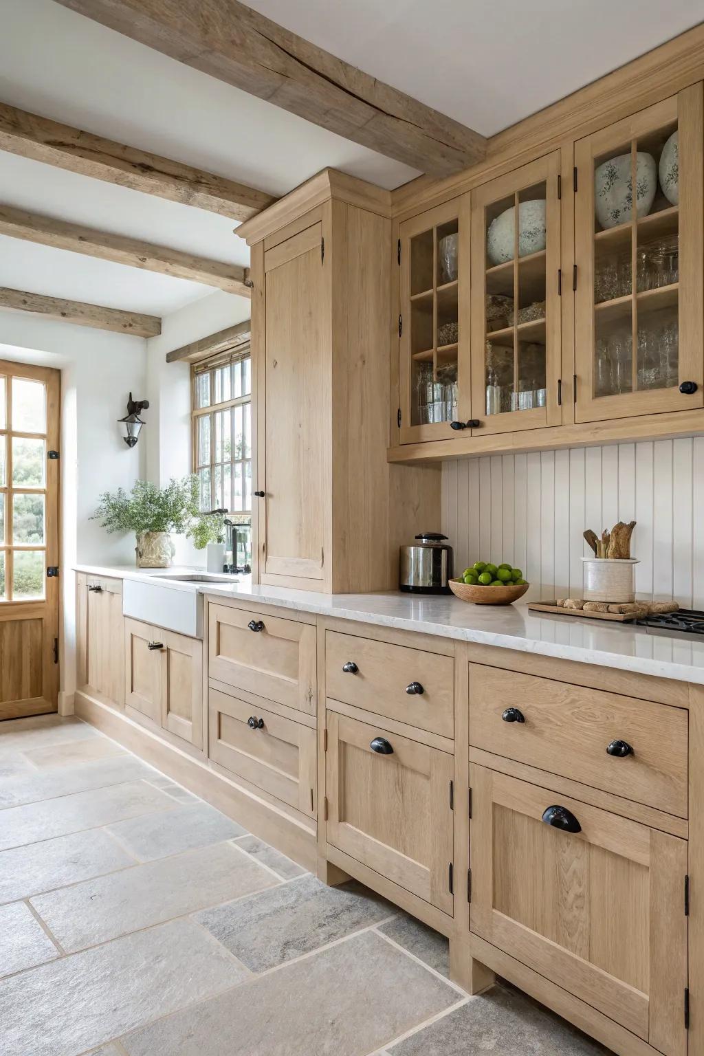 Understated furniture sets off the elegance of pale wood fixtures.