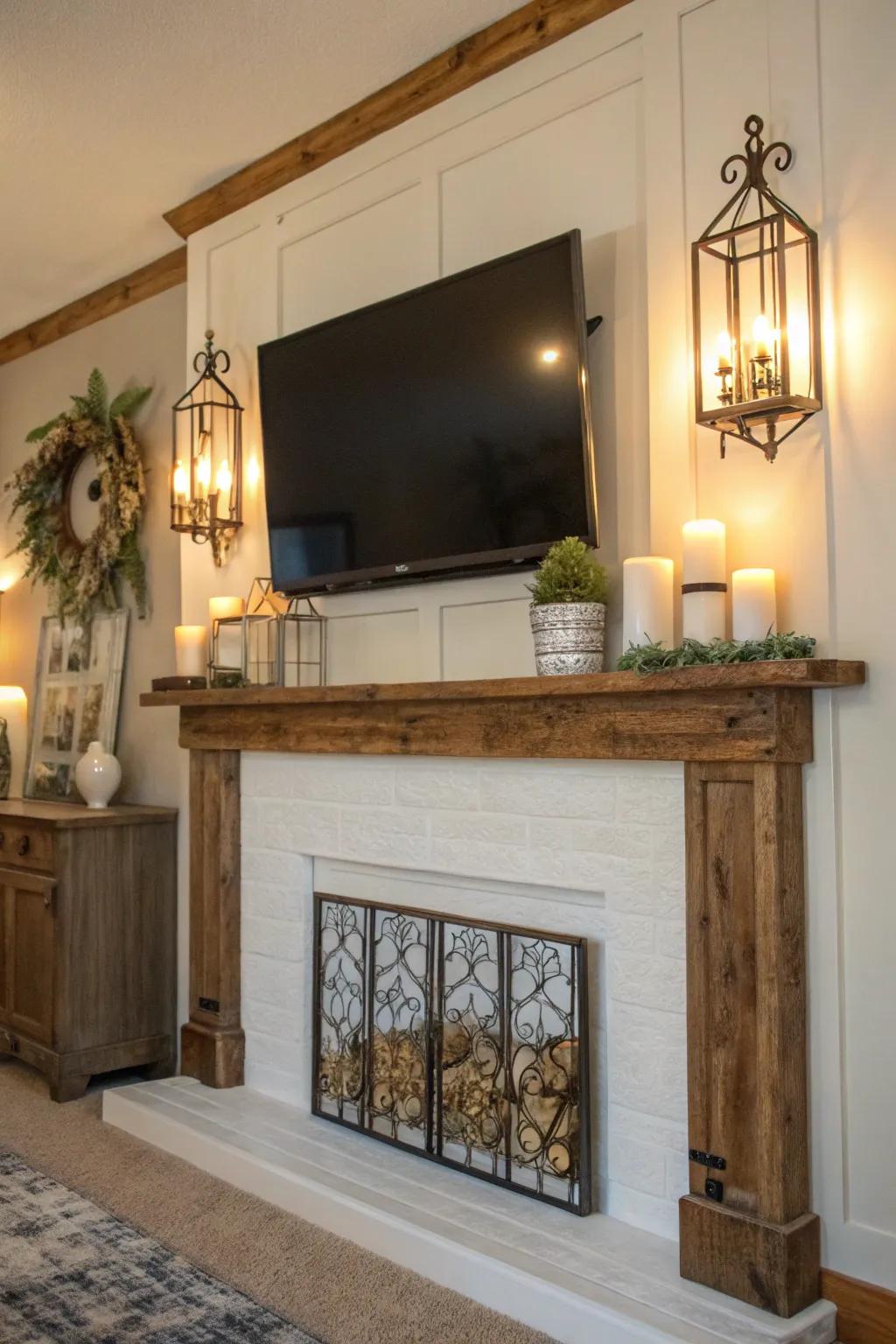 A farmhouse mantel, featuring a TV above, beautifully emphasized by wall lights.