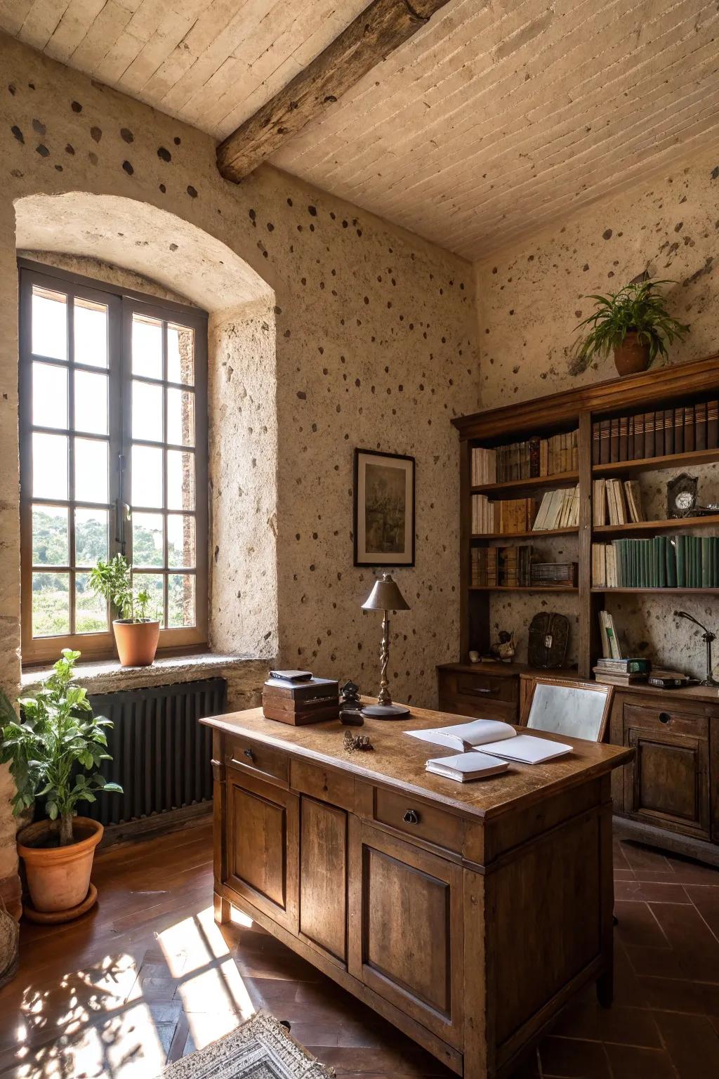 Earthy textures provide a grounded and sophisticated feel.