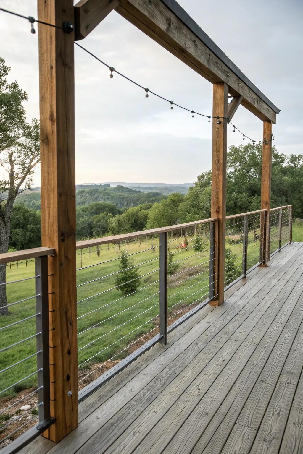 Sleek and modern: Cable balustrades with timber posts.