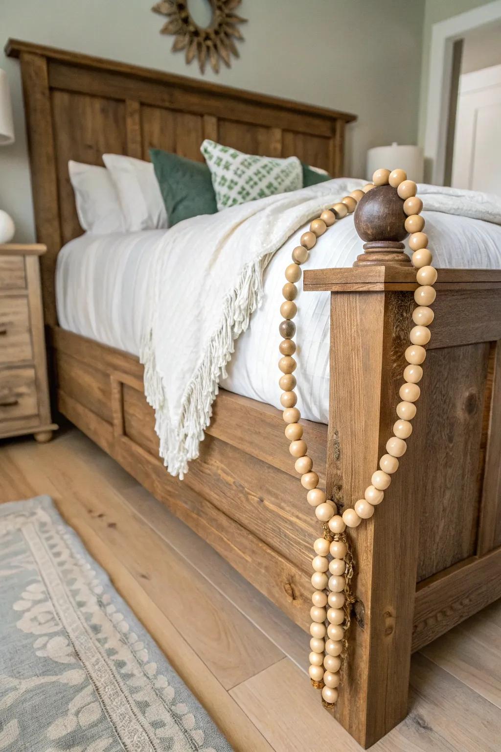 Bed headboard accented with bead strand.