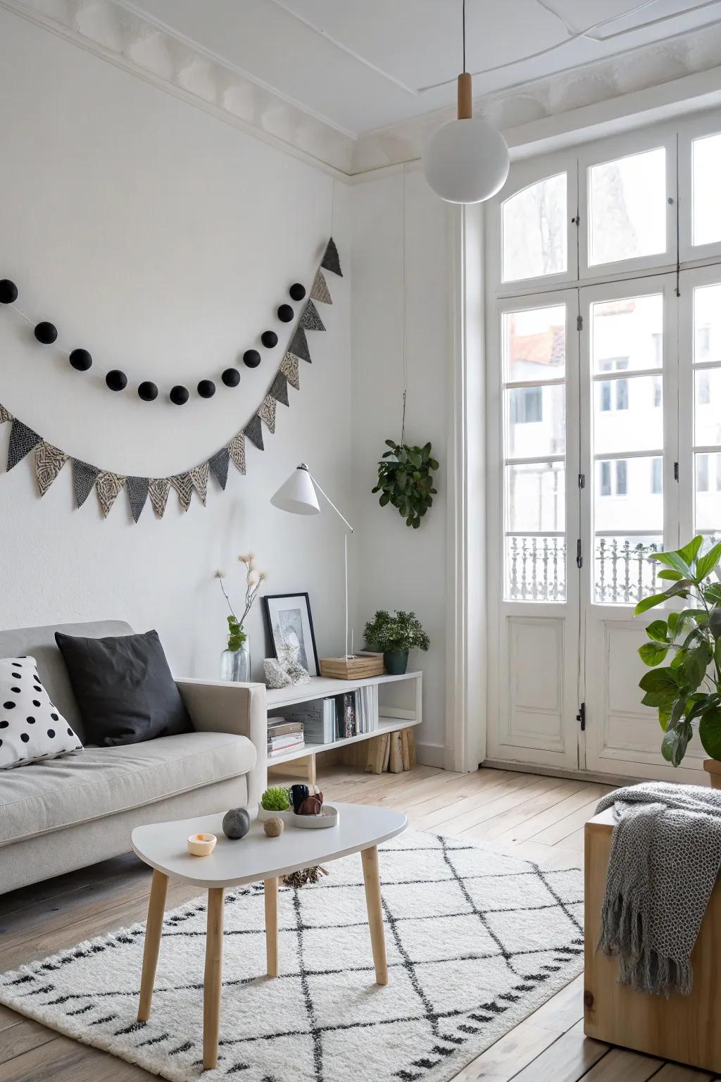 Monochrome felt garlands emphasize the simplicity and elegance of Scandi interiors.