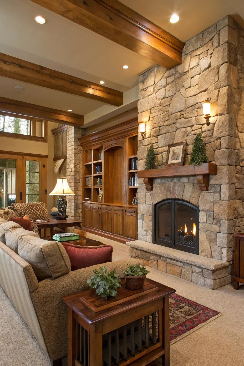 Natural timber accents and stone features adding warmth to the living room.