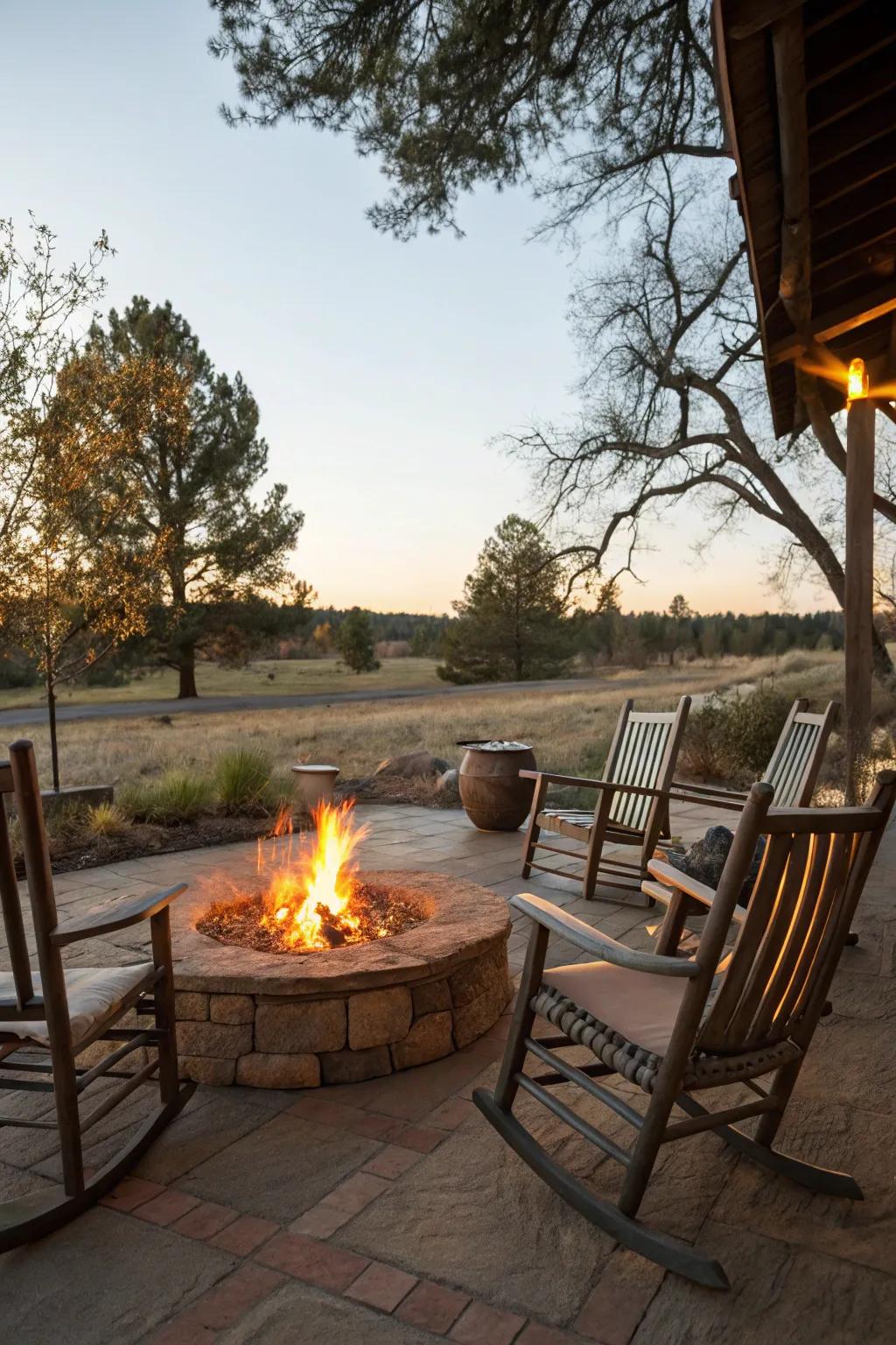 Retro rocking chairs add a nostalgic ambiance to the fire pit area.