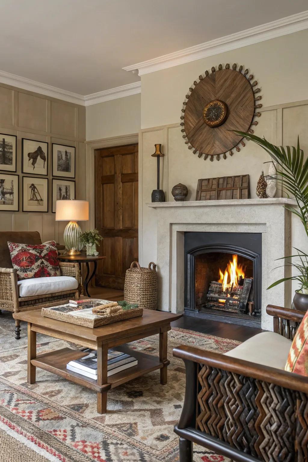 A mixed living room showcasing a central fireplace mixing both traditional and modern design styles.